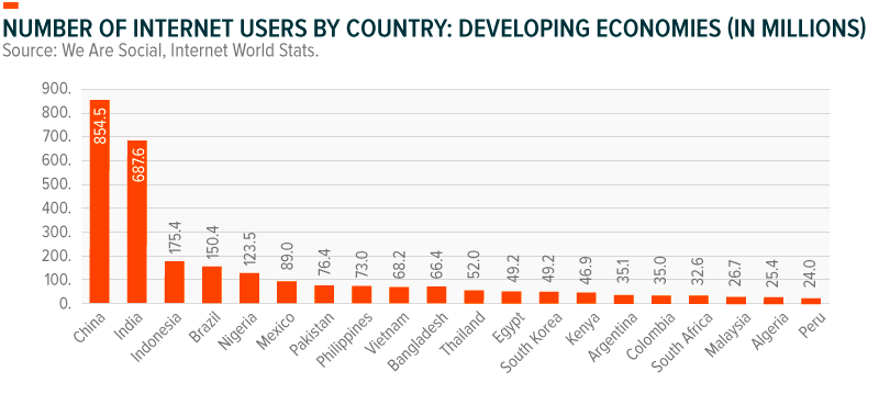 Number of internet users by country: developing economies 